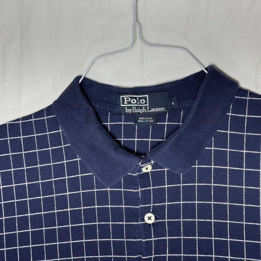 Polo Ralph Lauren Mens Grid Check Polo Shirt Blue White Cotton‎ Size L